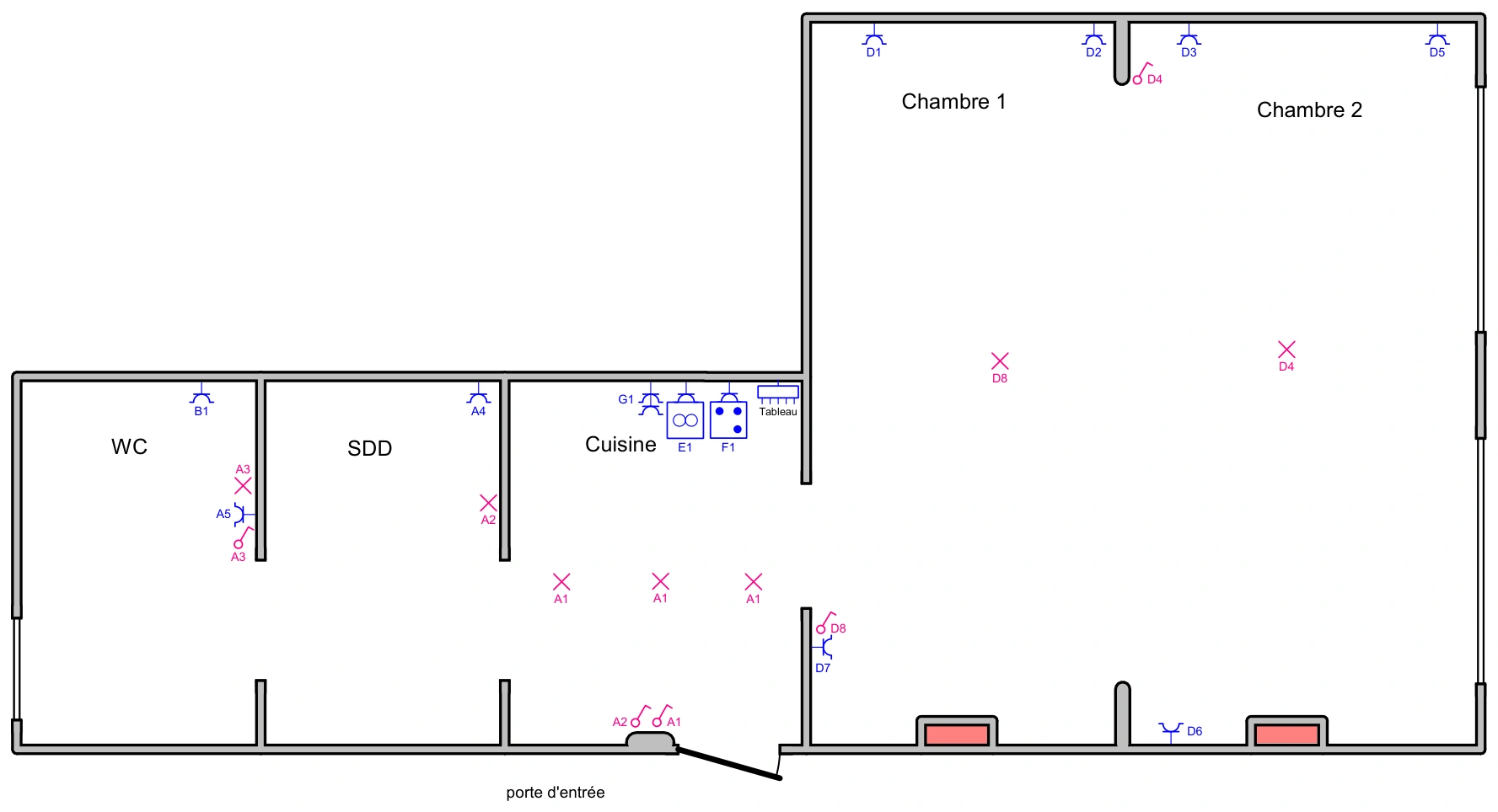 Cuisine, sanitaires et deux chambres. Les repères du plan permettent de retrouver les points sur le schéma unifilaire.